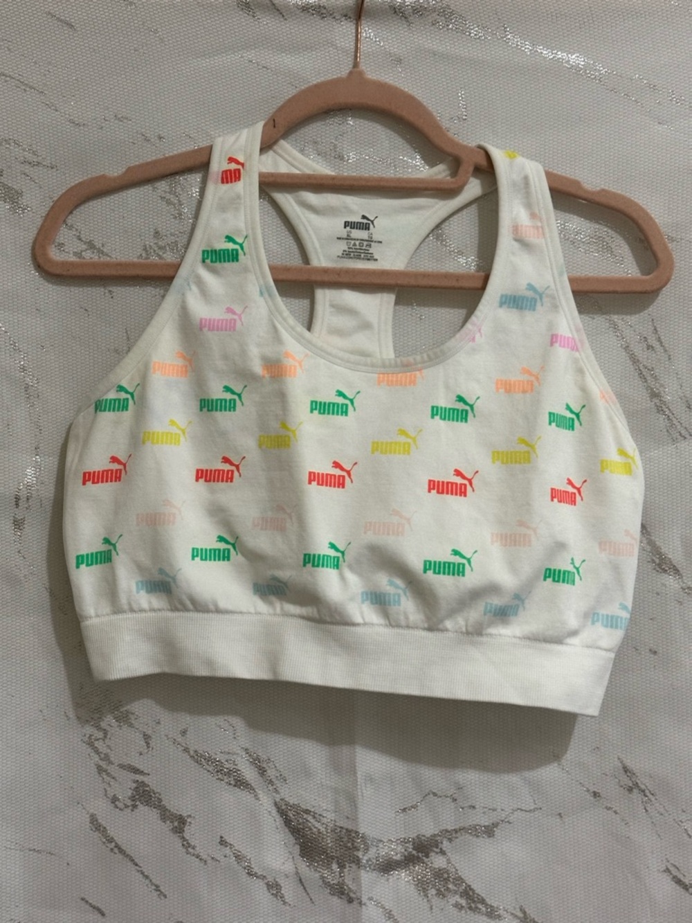 Puma White Sports Bra with Multicolor Logo Print